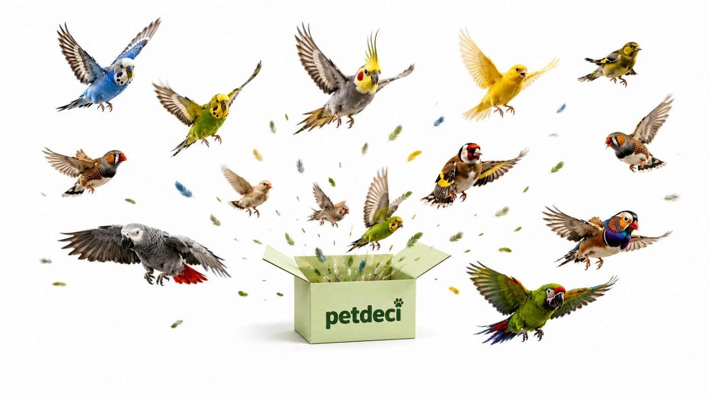 Periquitos, calopsita, canários, tentilhões e papagaios voando de uma caixa do PetDeci